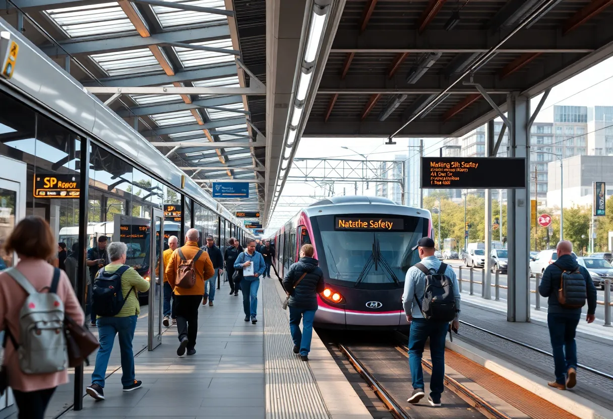 Light rail train at Charlotte station emphasizing safety