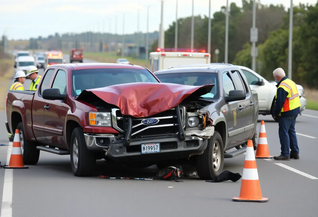 Damaged pickup trucks involved in a serious crash