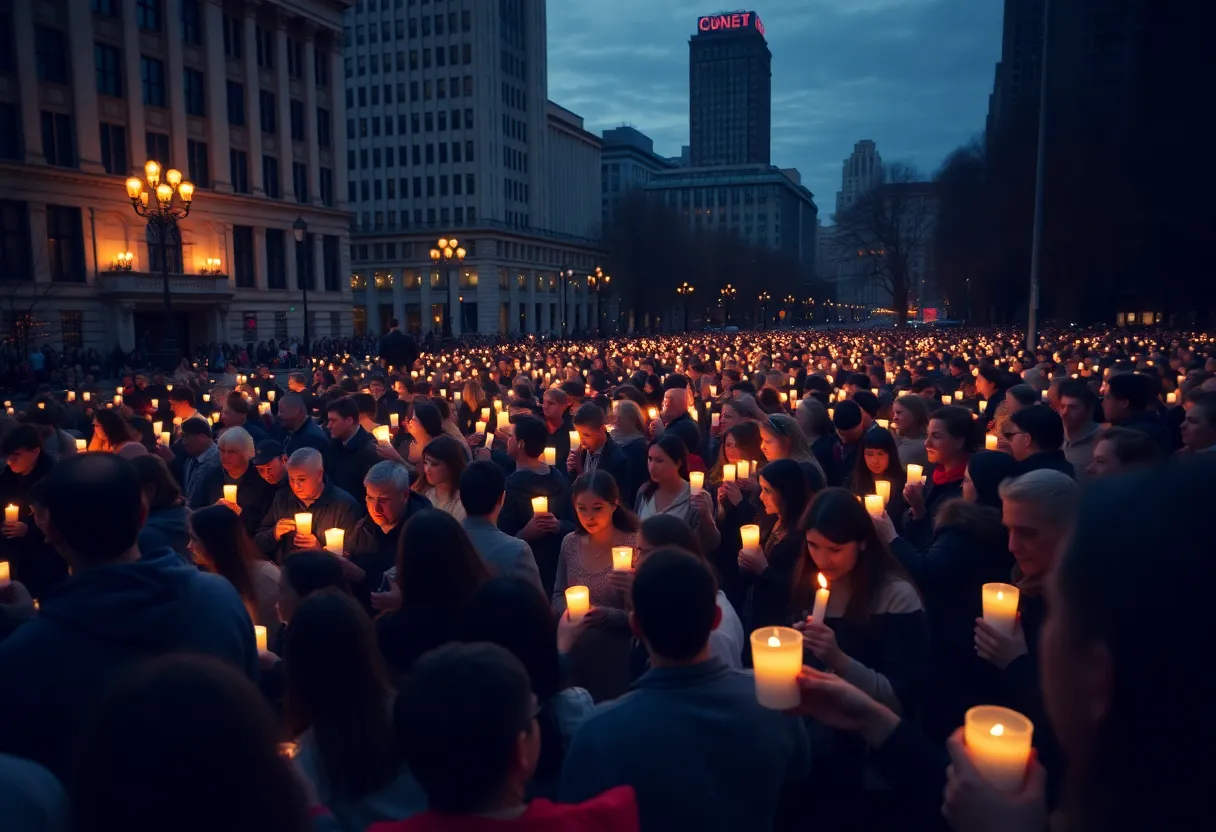 A large group of people holding candles during a vigil in a city setting.