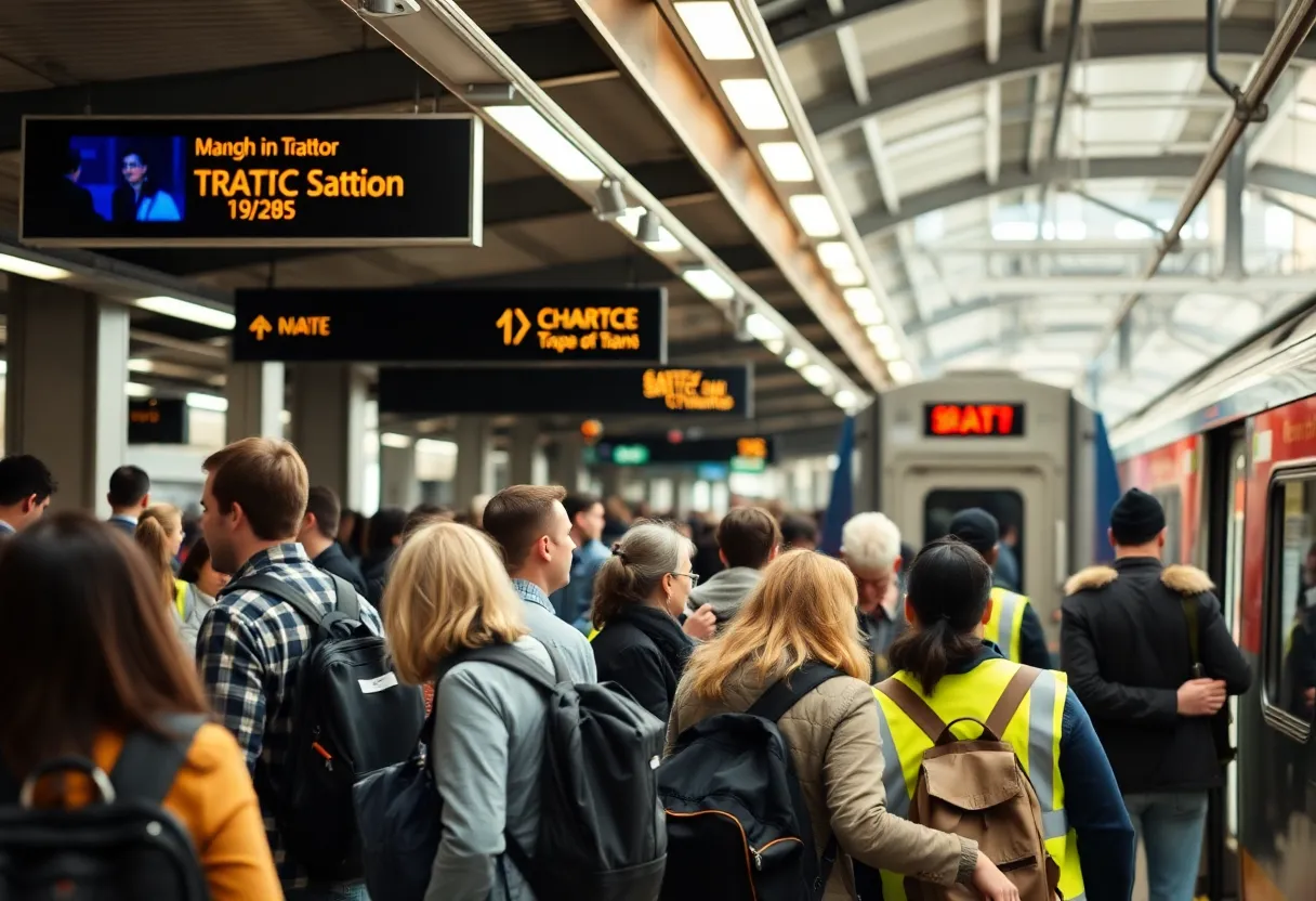 Commuters at a Charlotte train station with a focus on safety and security.