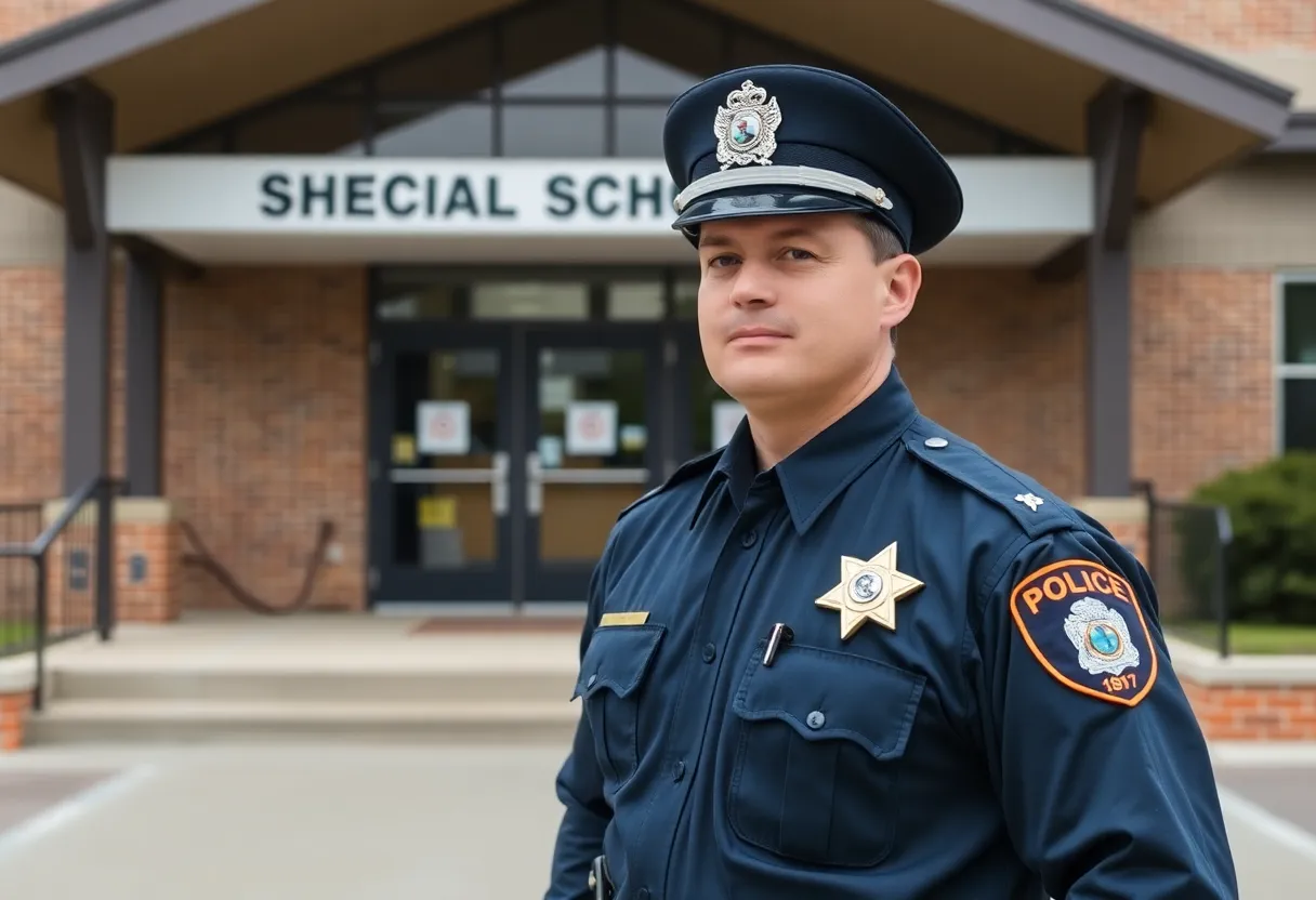 Newly appointed Chief of Police standing proudly in front of school