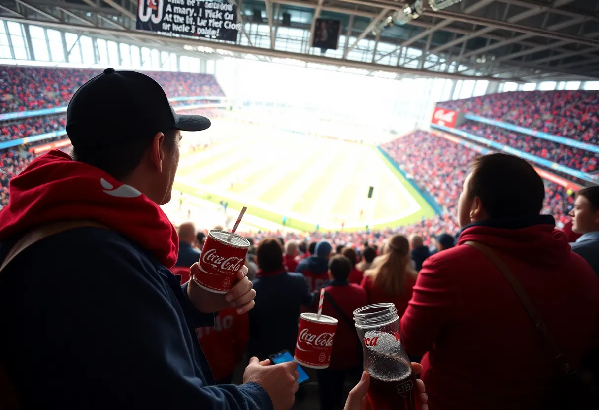 Fans enjoying Coca-Cola beverages at a football game