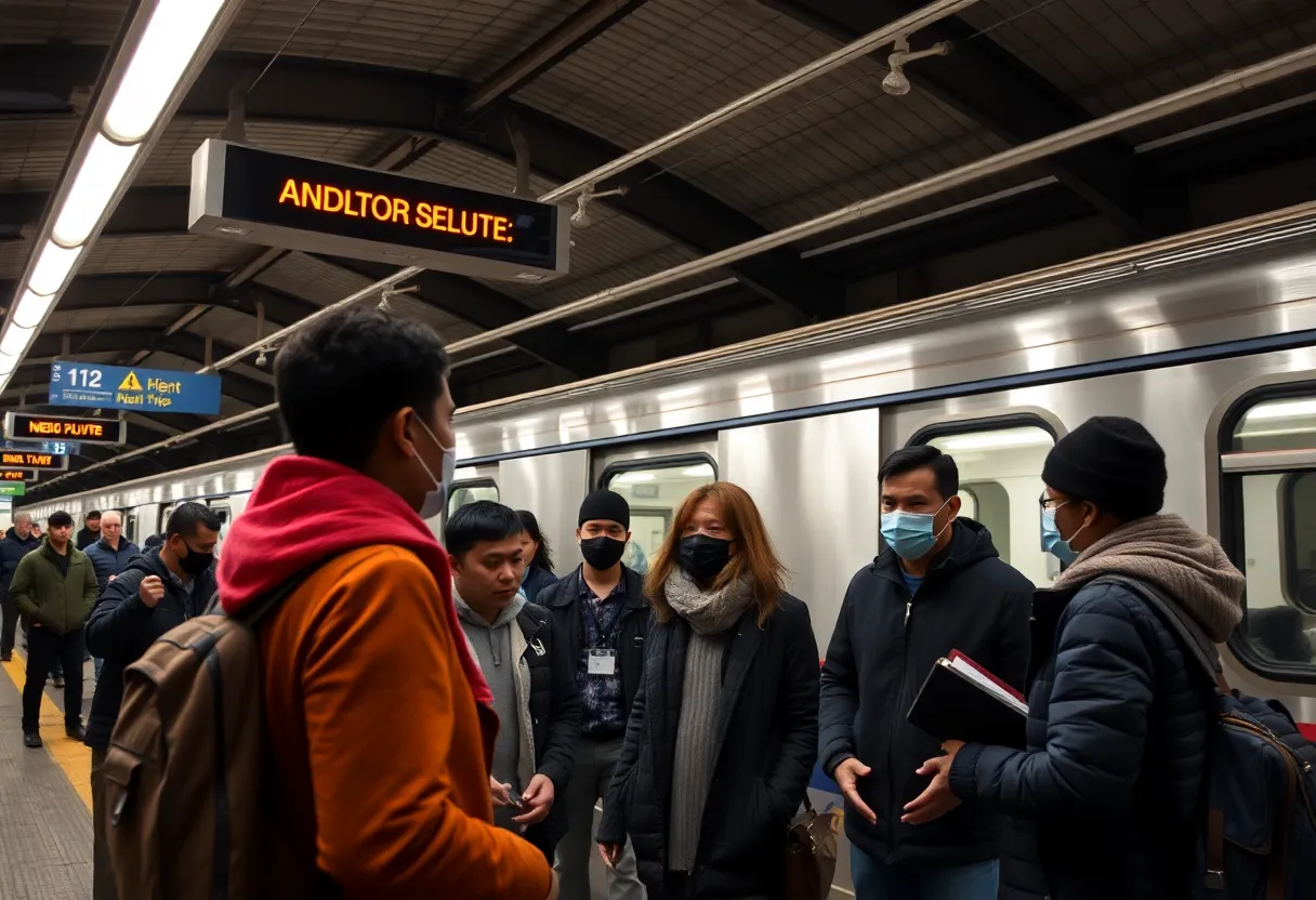 Community members discussing public safety issues in a train station.