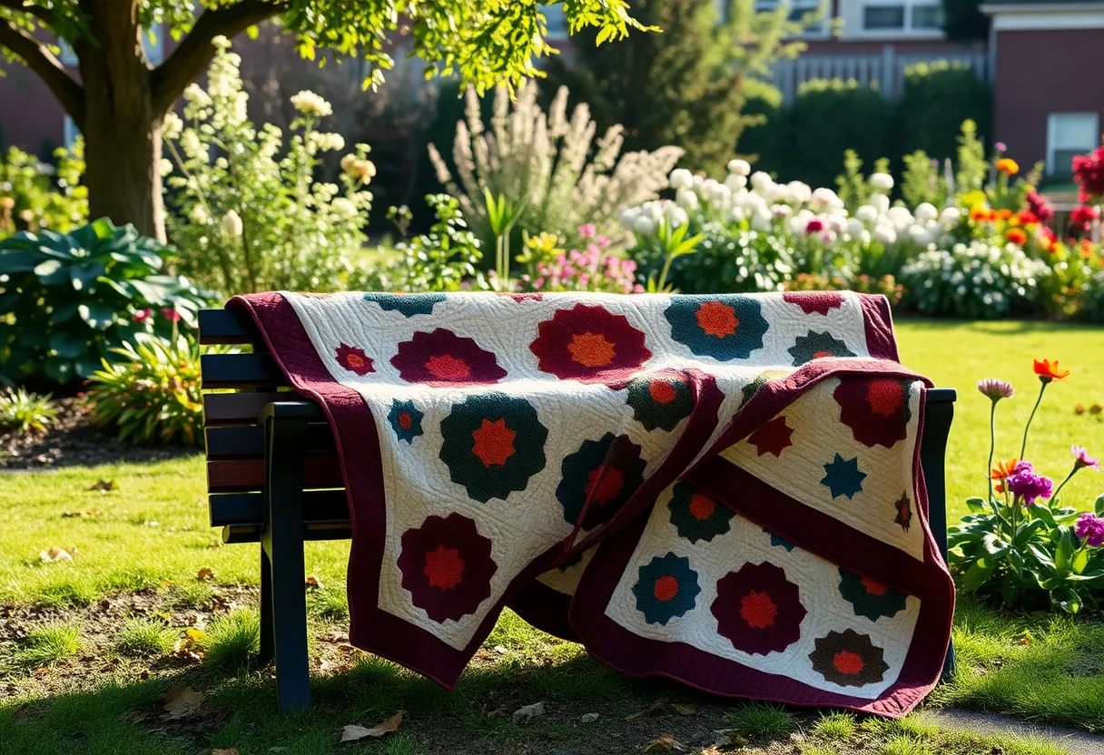 A peaceful garden with a quilt, symbolizing community and compassion.