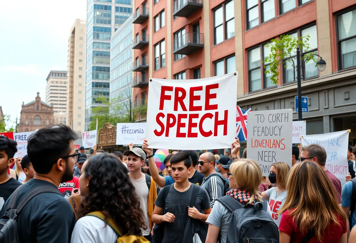 Diverse individuals participating in a protest for free speech rights