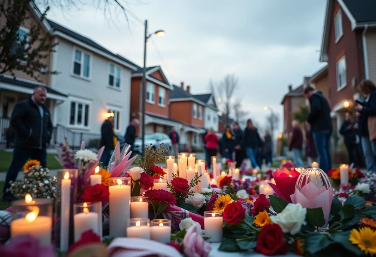 Community members gathering to honor a young shooting victim with candles and flowers.
