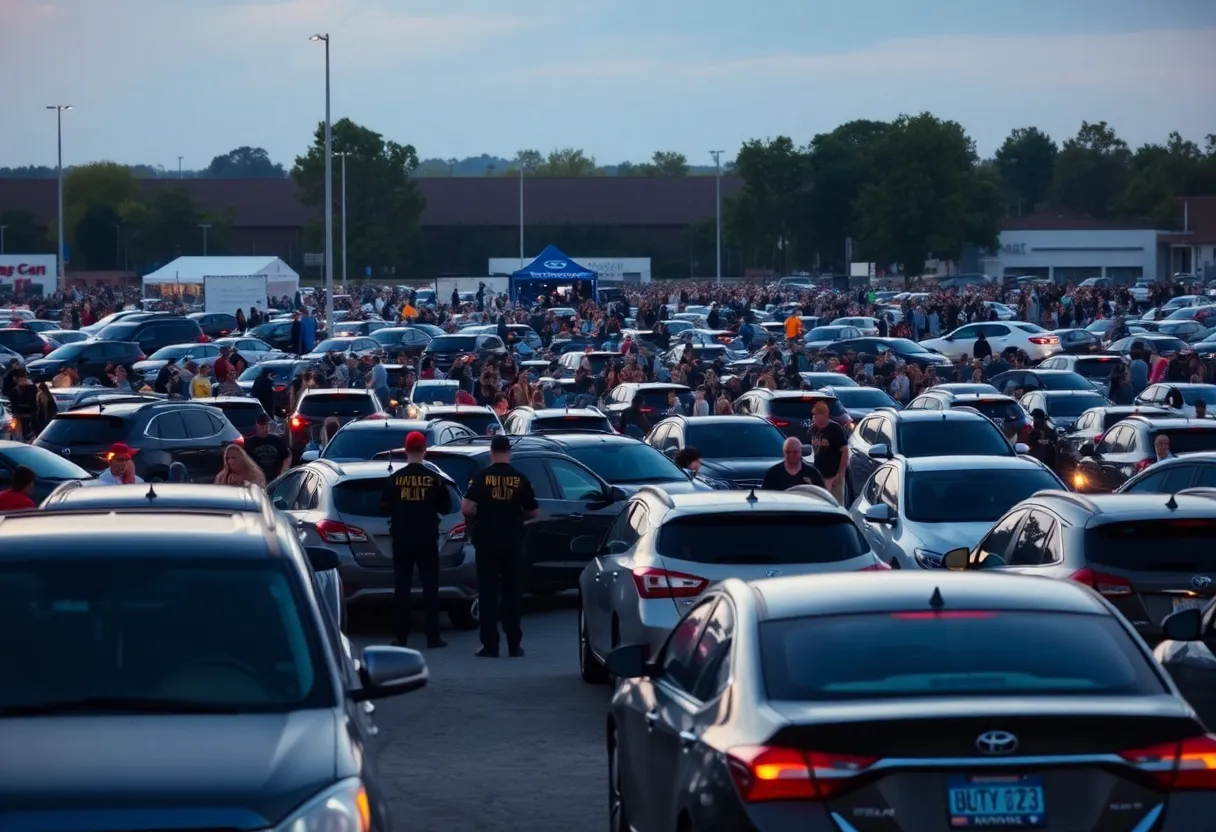 Security personnel in a concert parking lot with vehicles parked.