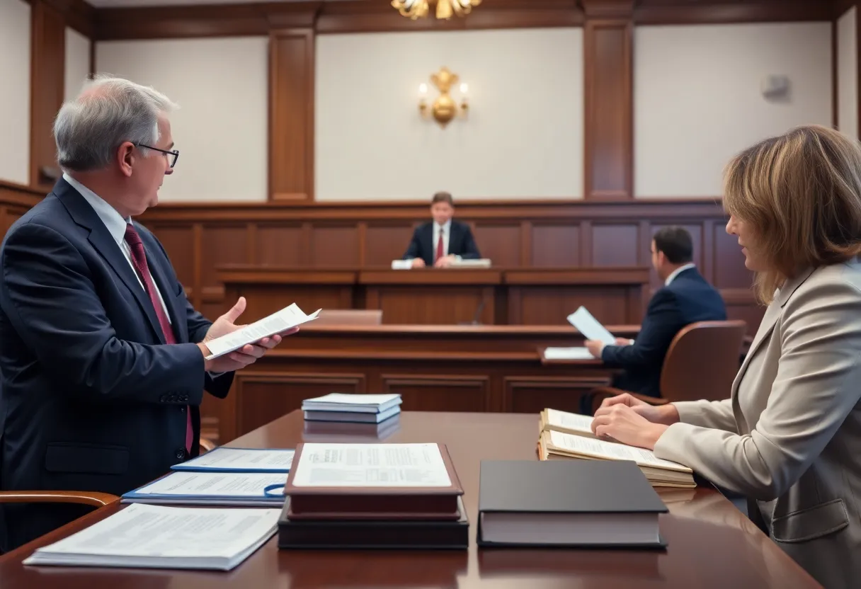 A courtroom with legal professionals discussing a case about school expulsion.
