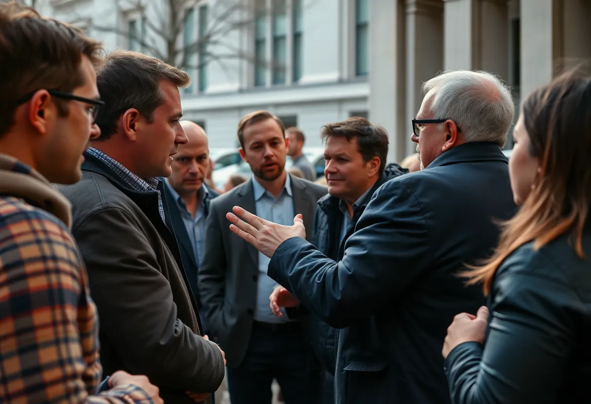 People debating issues related to cancel culture in a public space.