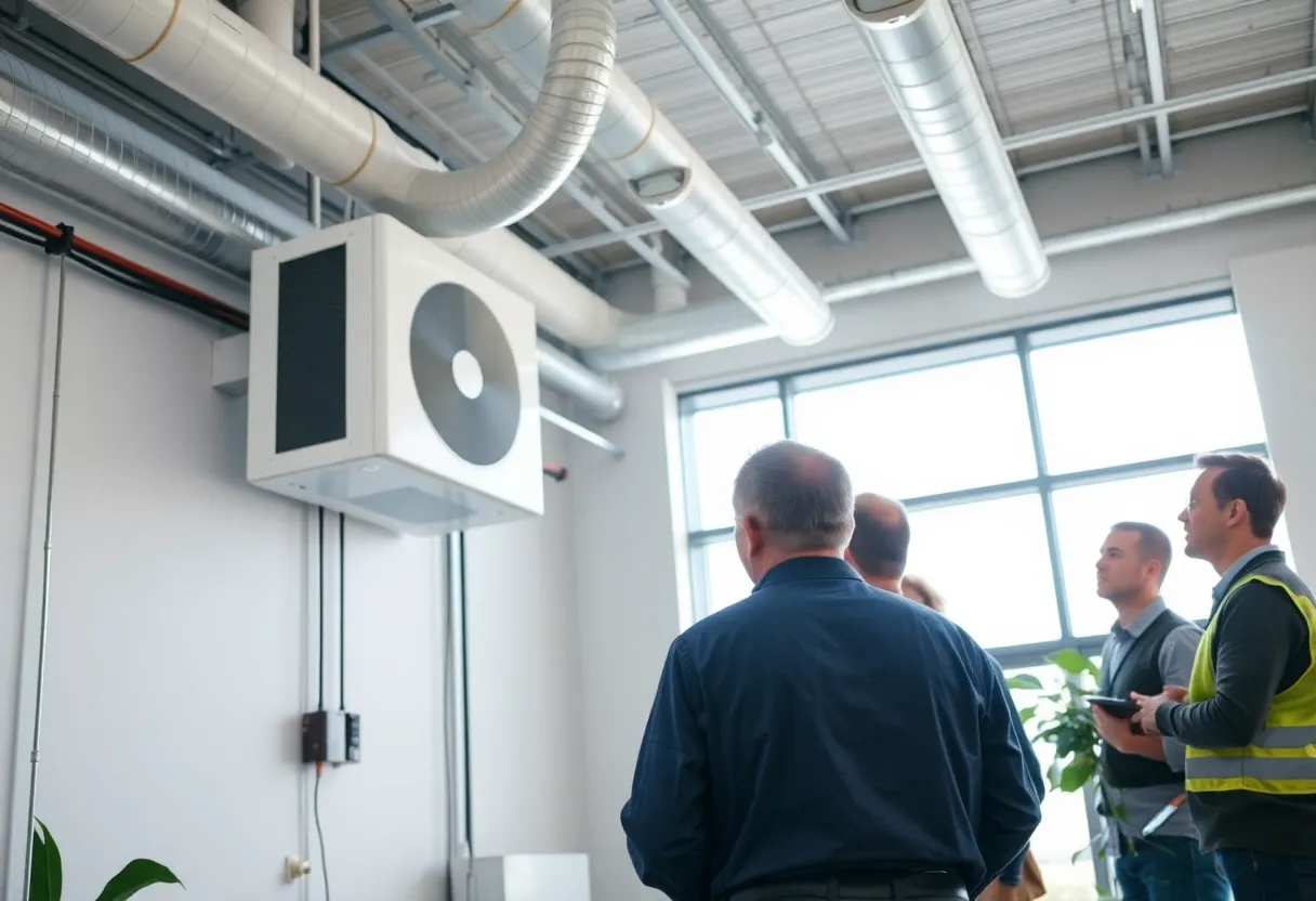 Professionals overseeing an energy efficient HVAC system installation