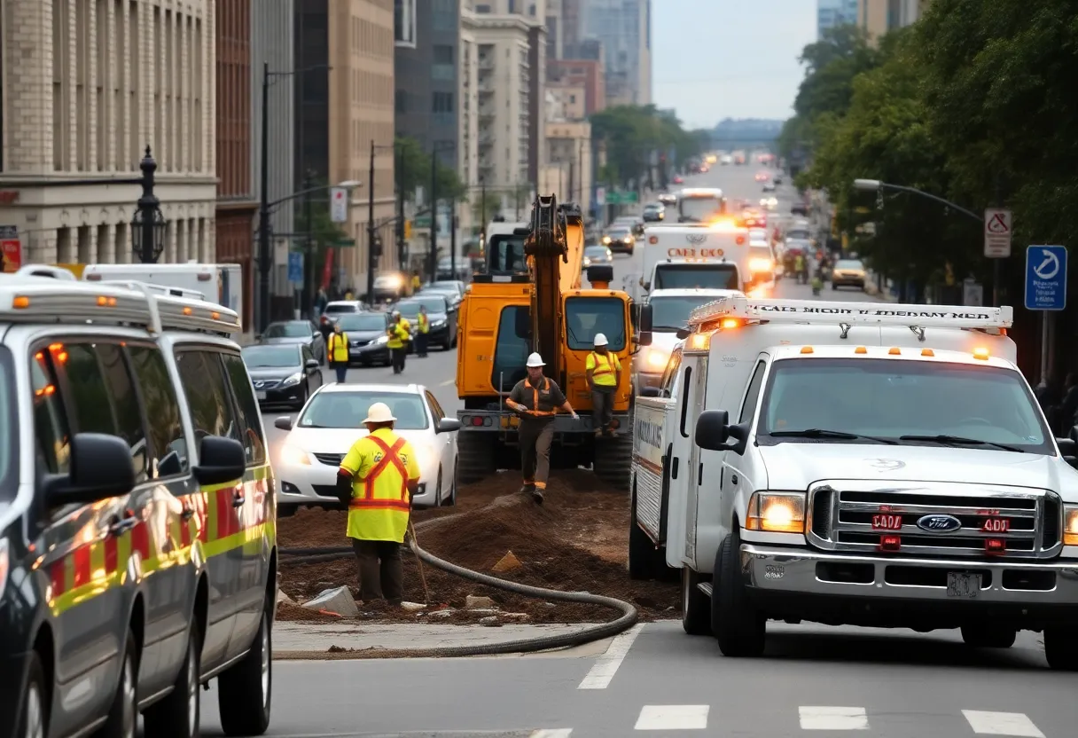 Piedmont Natural Gas crews repairing a damaged gas line on South Tryon Street