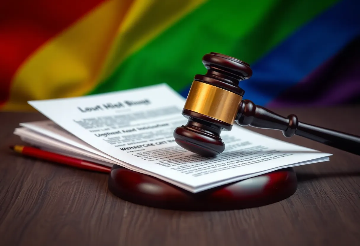 Illustration of a judge's gavel with legal documents and LGBTQ pride colors.
