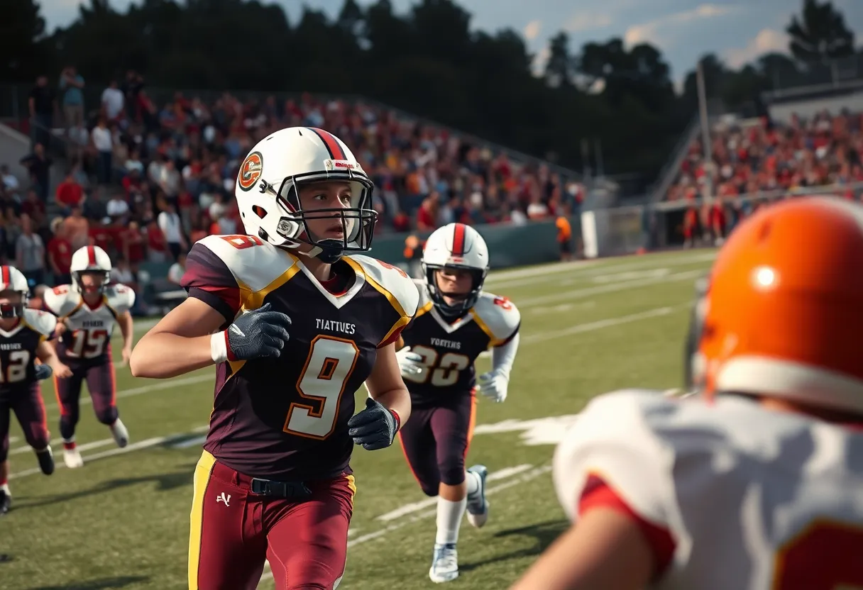 Exciting action from a high school football game with players and a cheering crowd.