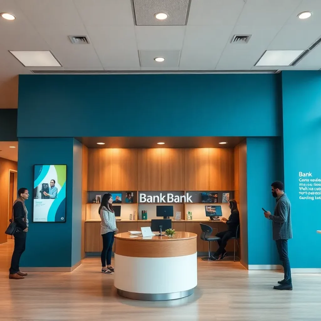 Interior of Huntington National Bank SouthPark branch with customers engaging with bankers.