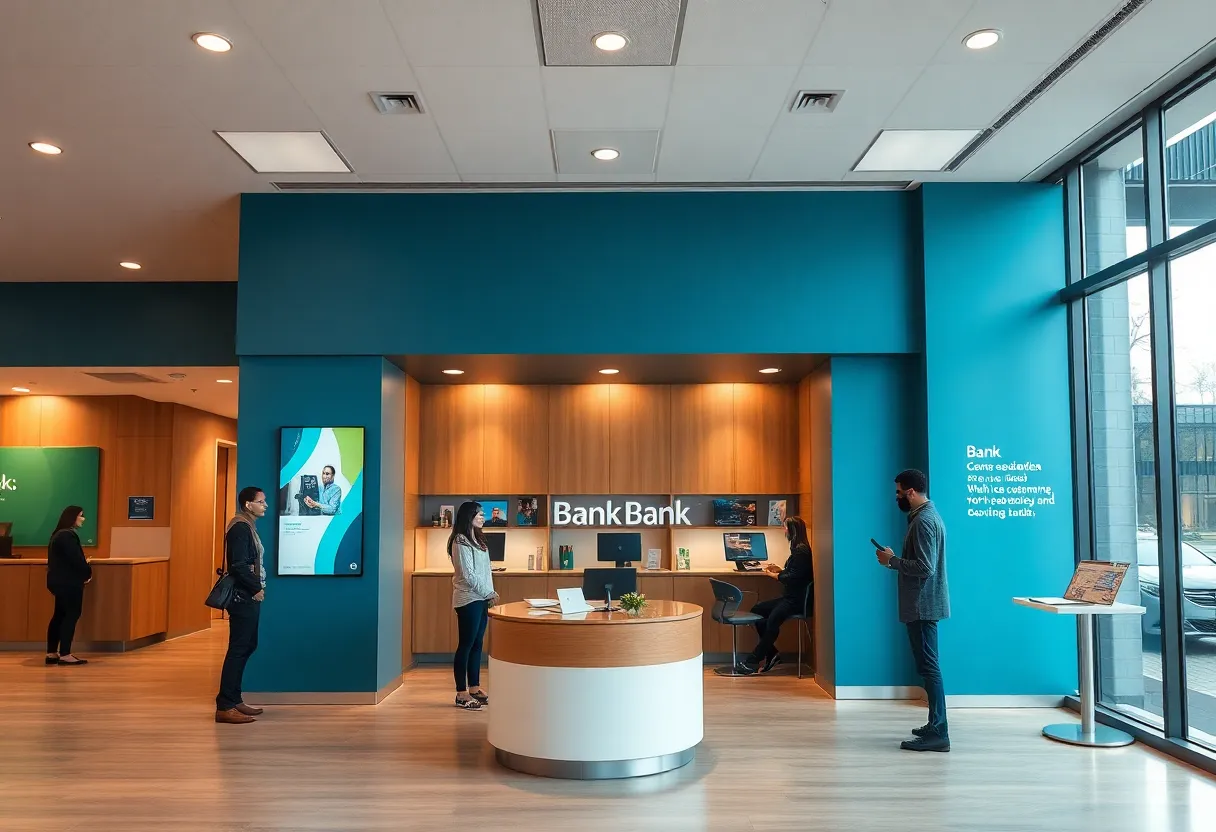 Interior of Huntington National Bank SouthPark branch with customers engaging with bankers.