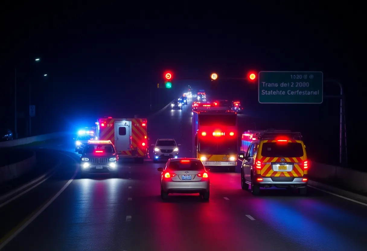 Emergency vehicles at a highway crash scene at night