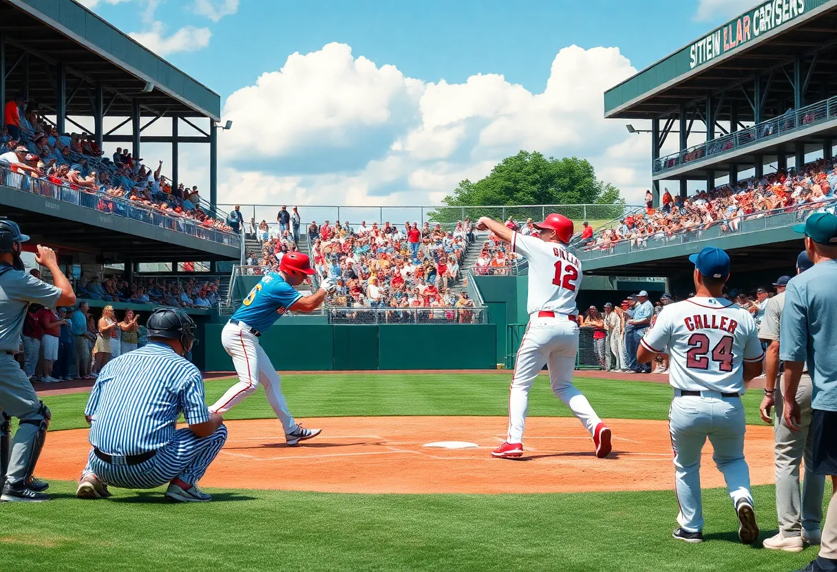 Players of the Jacksonville Jumbo Shrimp playing baseball in a vibrant stadium.