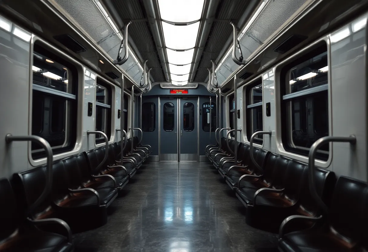 Interior of a light rail train appearing empty and dimly lit