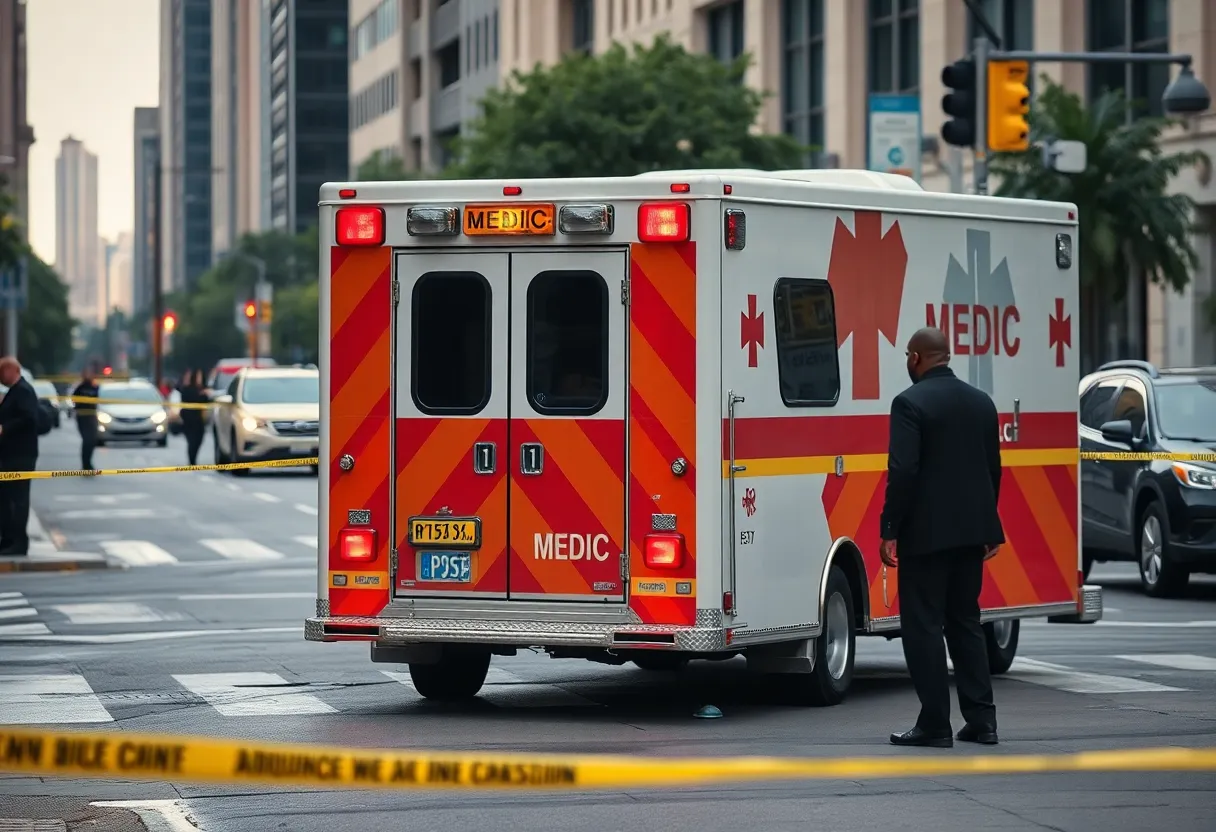 MEDIC ambulance with bullet damage parked in the city