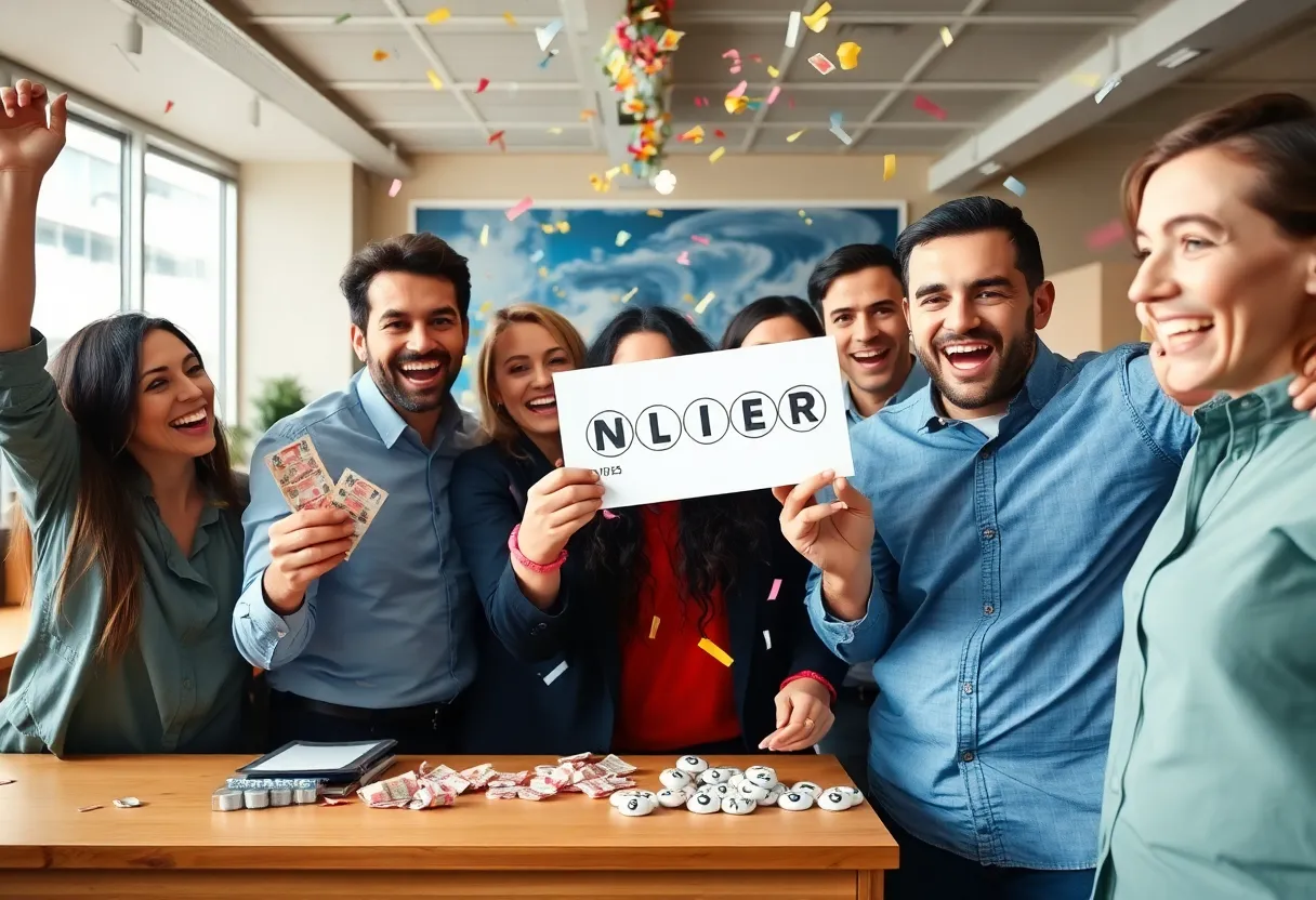 A group celebrating their Powerball win in Charlotte, North Carolina