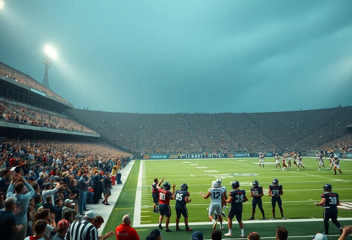 North Carolina football team celebrating victory on the field during a rainy match