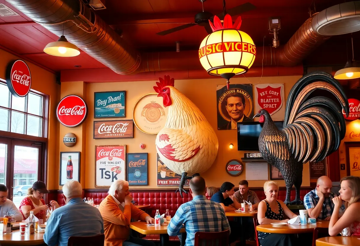 Interior of The Painted Rooster Restaurant showing decor and patrons enjoying their meals