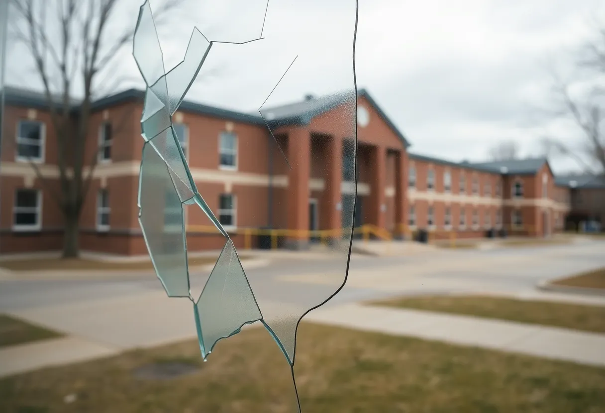 Shattered window at Palisades High School after a shooting incident.