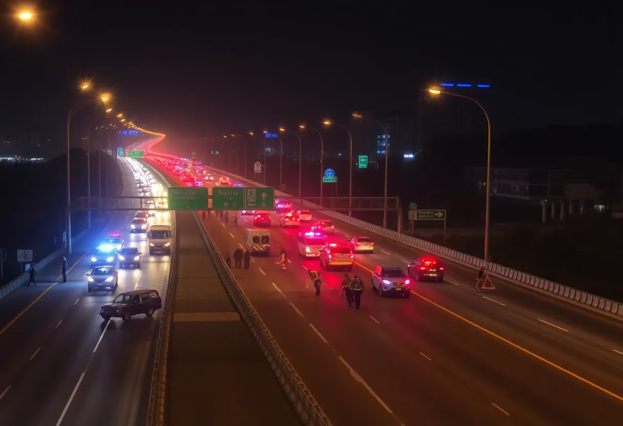 Scene of a pedestrian accident on I-77 North in Charlotte at night.
