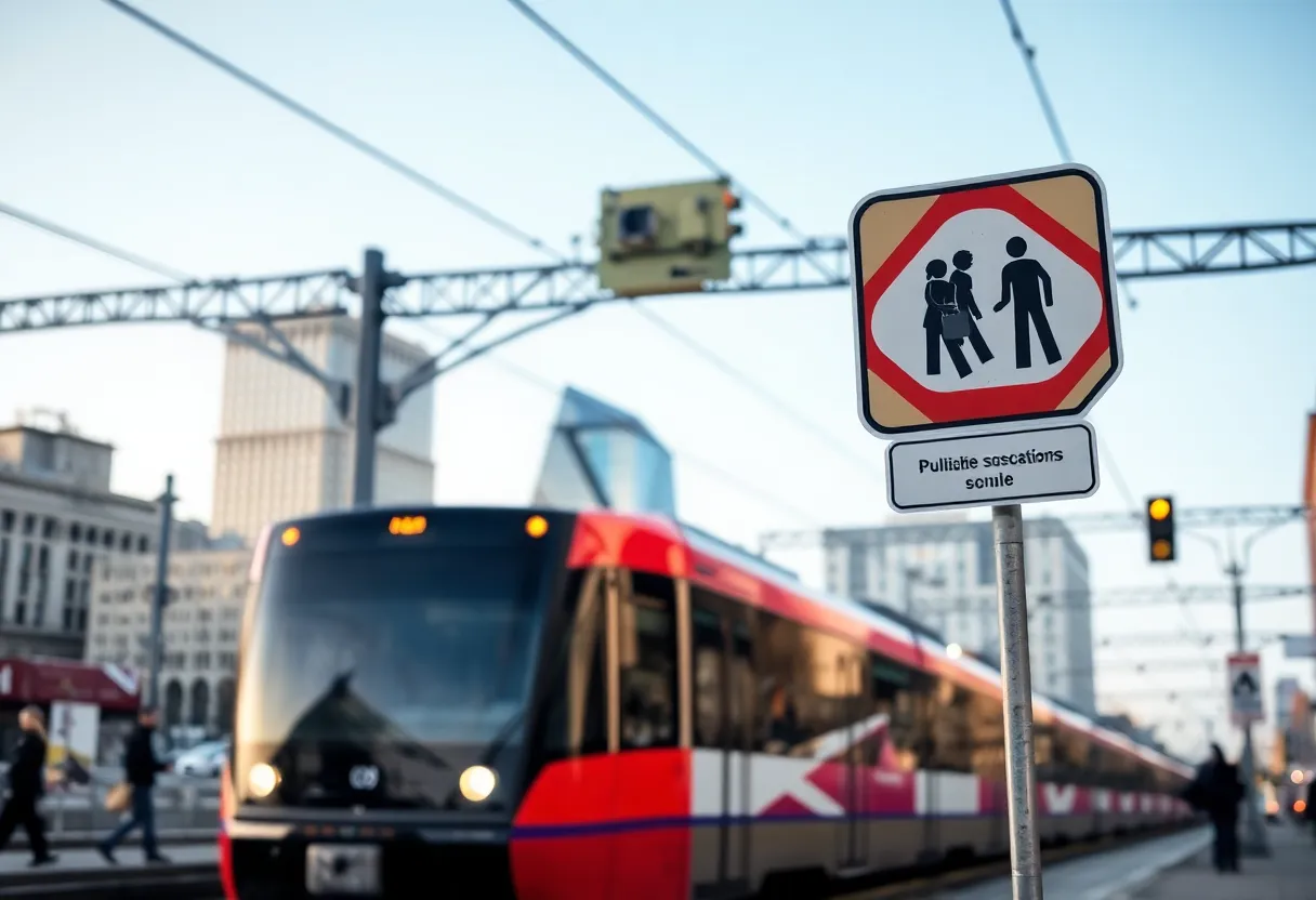 An urban landscape depicting public transportation with safety symbols.