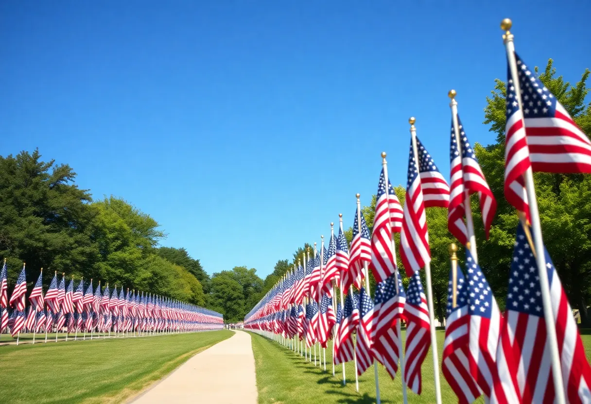 American flags displayed at Romare Bearden Park for September 11 memorial