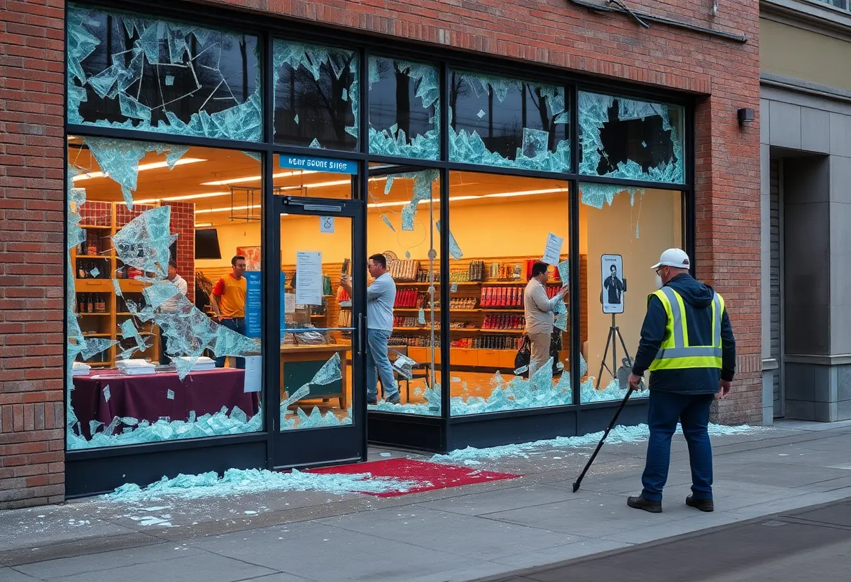 Shattered glass windows at a store following a smash-and-grab crime