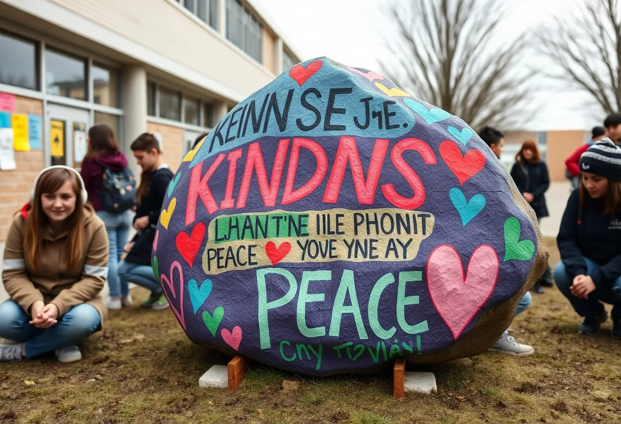 Colorful messages on a spirit rock at a high school