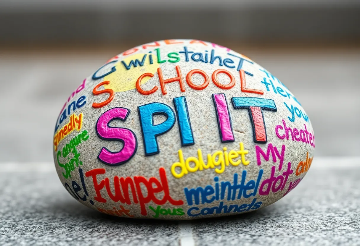Spirit rock at Ardrey Kell High School showing colorful messages about kindness and community.