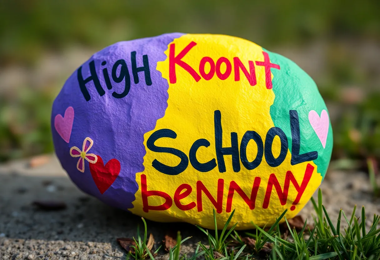 Spirit rock with painted messages promoting kindness and school spirit