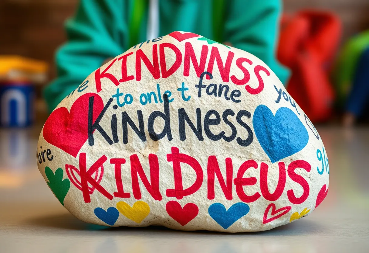 A spirit rock at a high school painted with messages of kindness