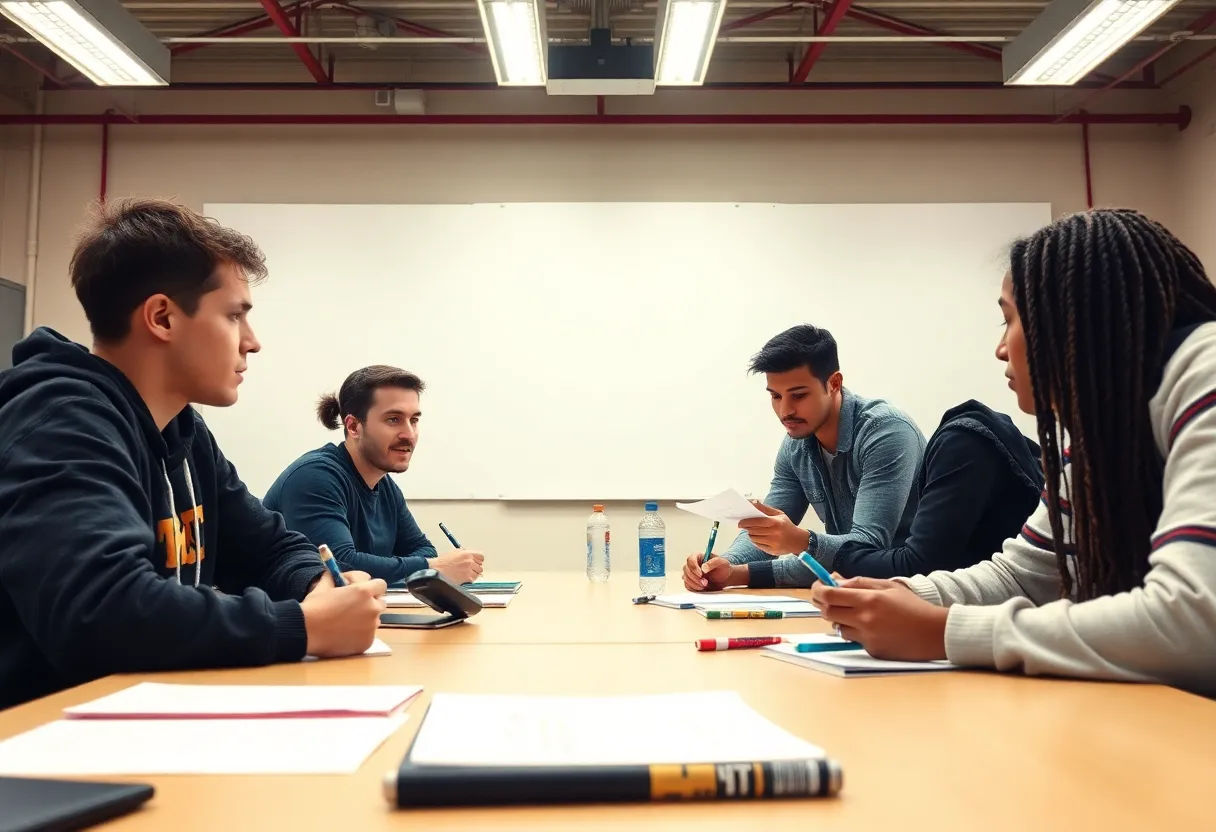 A group of young writers engaged in a sports journalism workshop, showcasing creativity and collaboration.