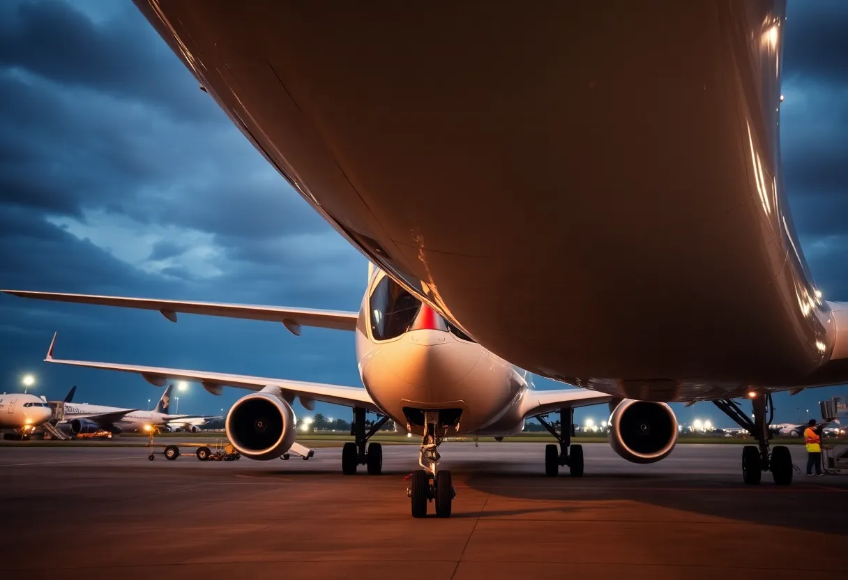 Airplane with landing gear extended at Charlotte airport, symbolizing stowaway risks.