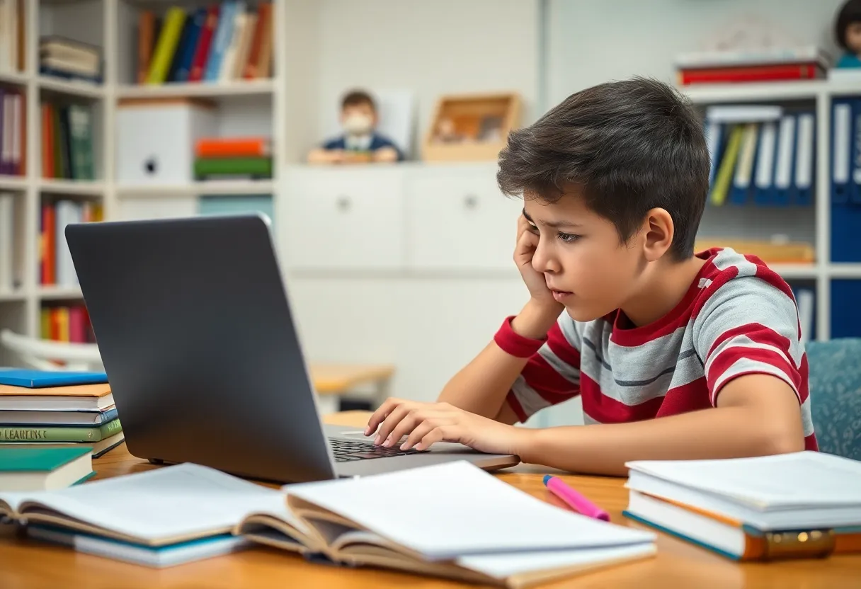 Student frustrated with internet connectivity problems on a school-issued laptop at home.