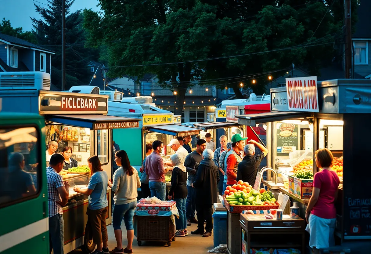 Community hub featuring food trucks and fresh produce stand at Surefire Market in Rock Hill