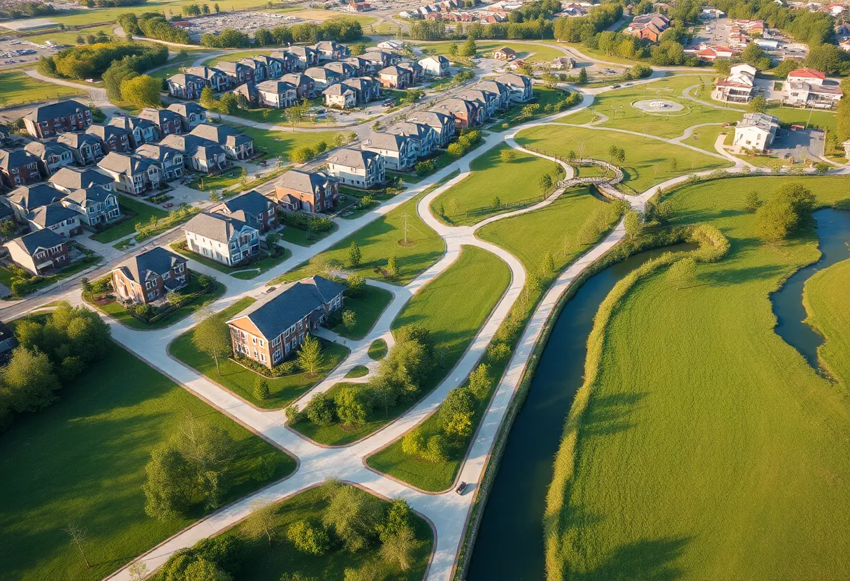 Aerial view of The River District in Charlotte, featuring homes and green spaces