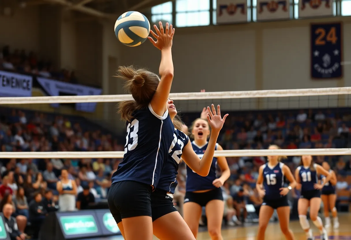Action scene from a volleyball match featuring players from UNC Asheville