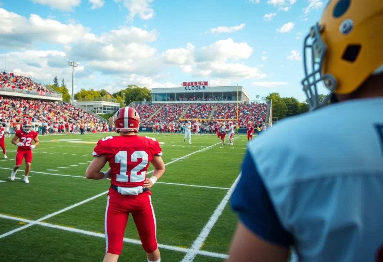 UNC football players celebrating a touchdown against Charlotte 49ers.