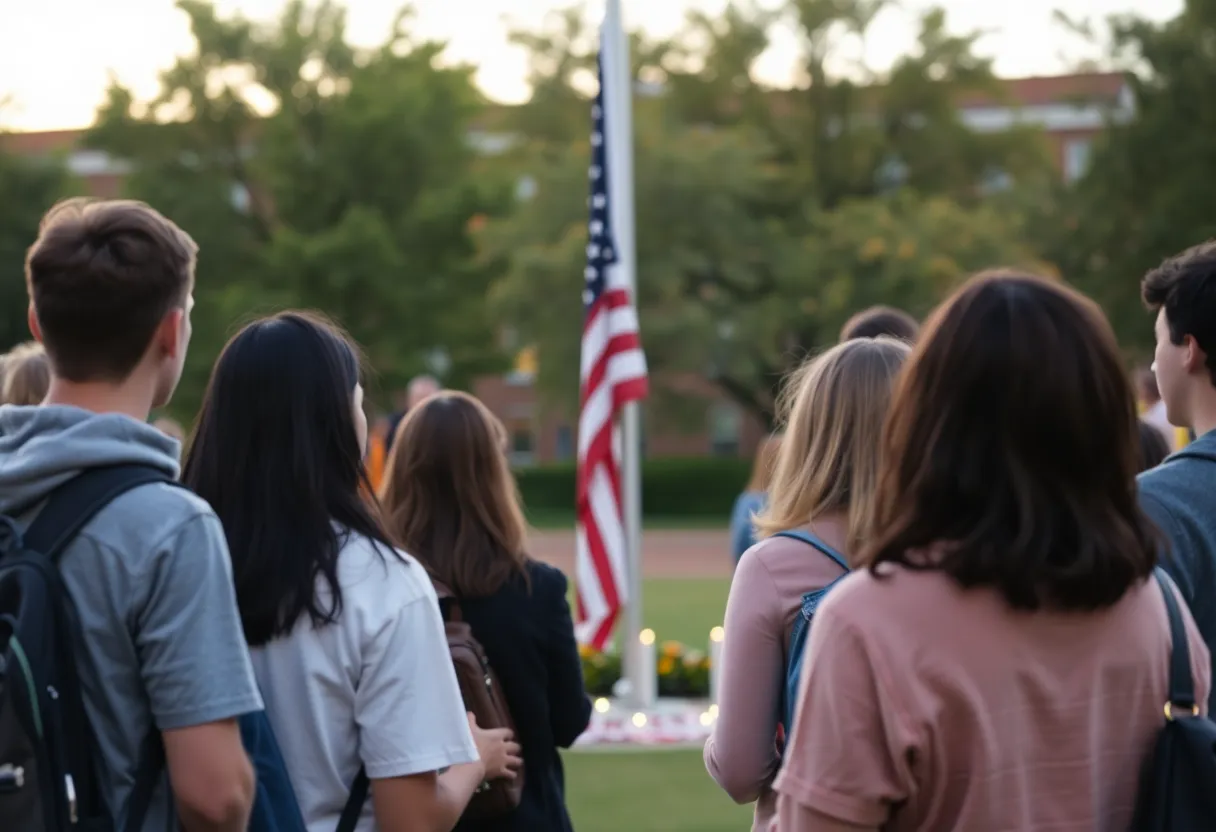 Students gathered for a vigil in honor of Charlie Kirk under a half-mast flag.