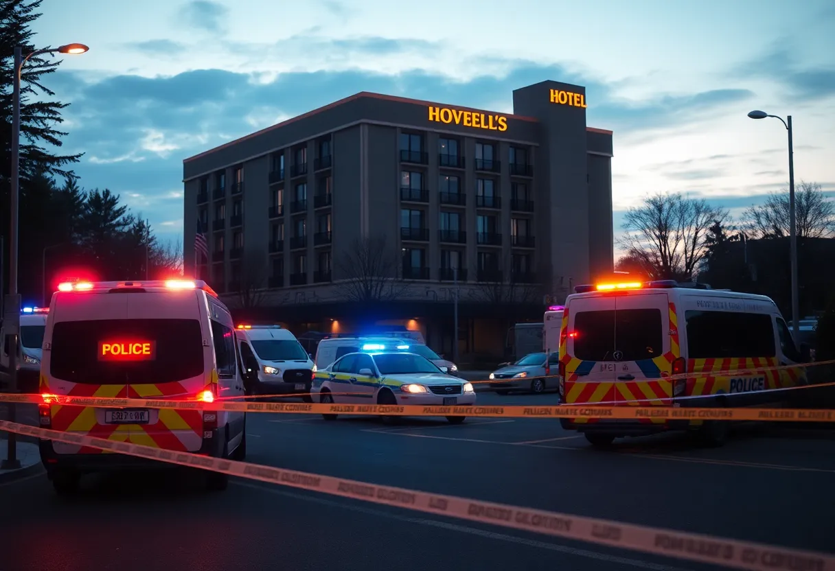 Emergency vehicles surrounding the Oyo Hotel during a police standoff