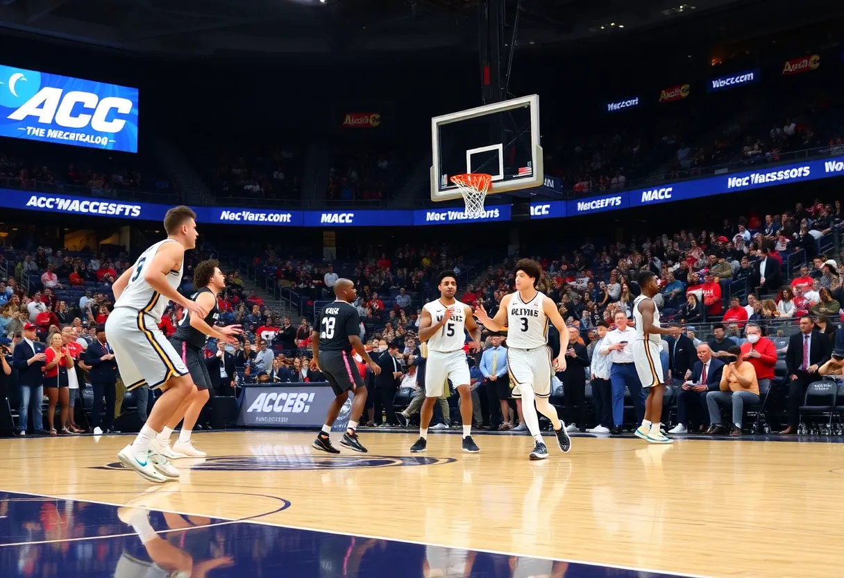 ACC basketball court with players during a game
