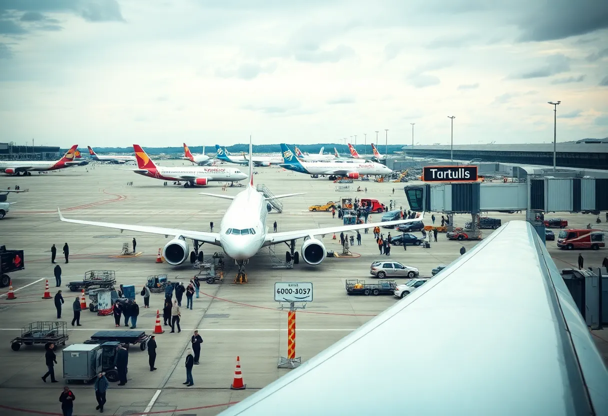 Busy airport tarmac with planes and passengers during flight delays
