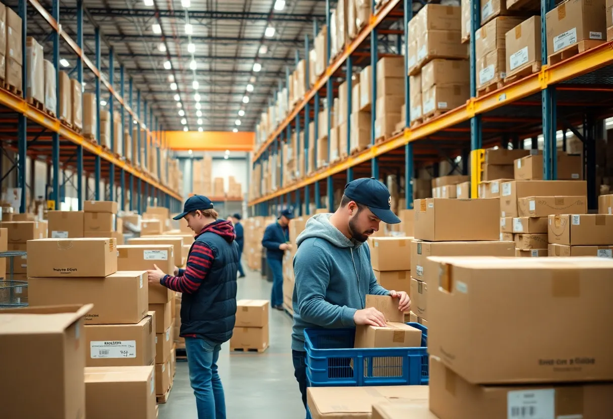 Seasonal workers at Amazon warehouse in Charlotte preparing holiday shipments.