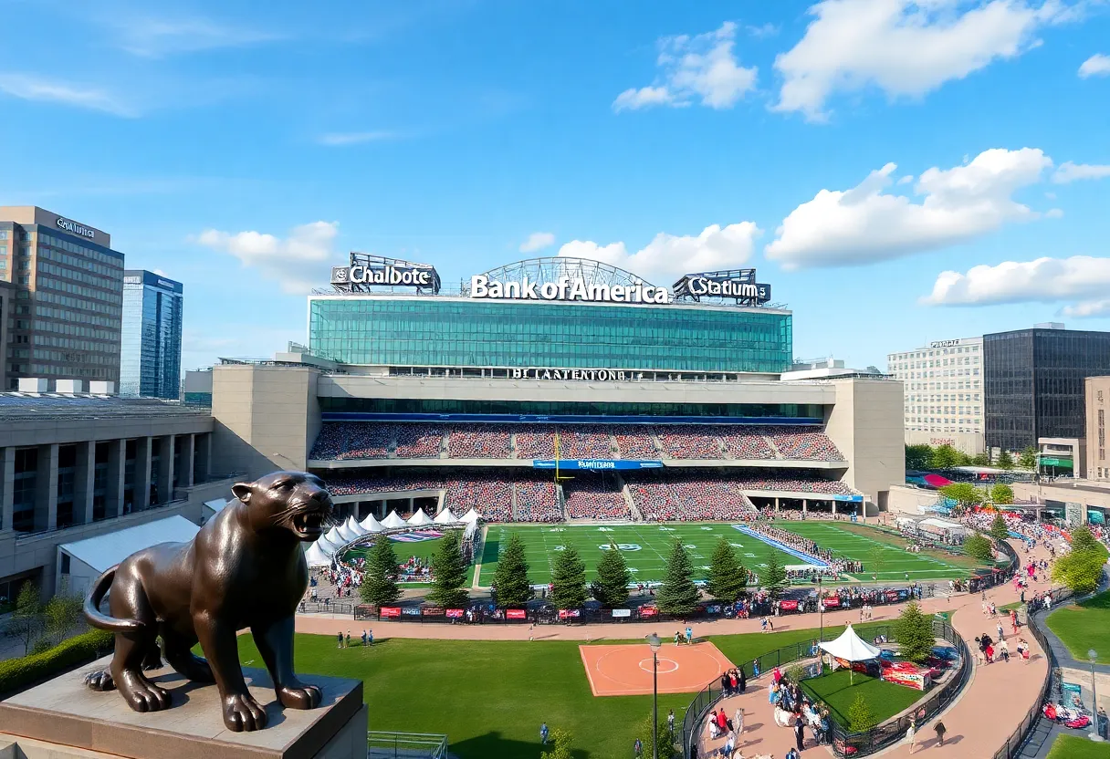 Panoramic view of Bank of America Stadium with a large crowd during a game.