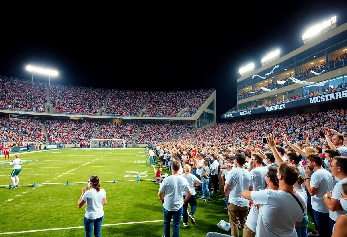 Fans cheering at Charlotte 49ers football game under the lights