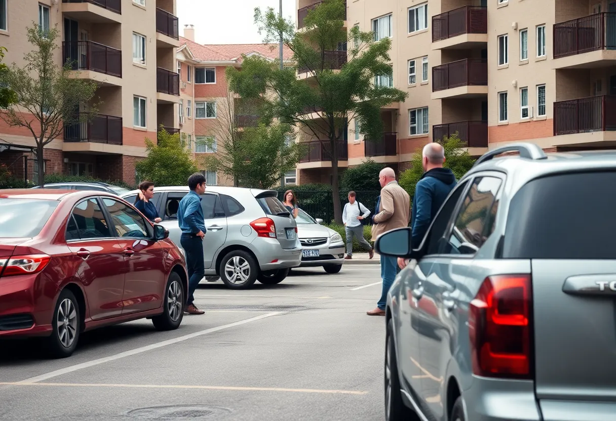 Scene of an apartment complex with visible signs of conflict and community members reacting.